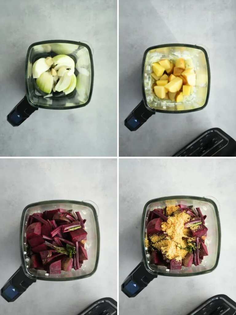 grid of 4 images showing the different stages of cooking beetroot soup in a ninja soup maker: onion + garlic, potato, beetroot, stock powder and herbs