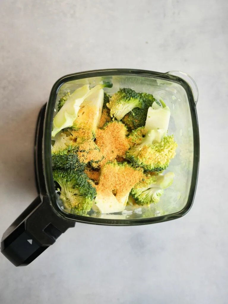 ninja soup maker jug with broccoli, potato, onion, garlic and stock powder, top down view, no lid on