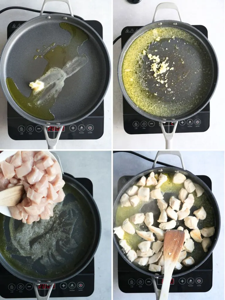 grid of four images showing a frying pan on a single induction hob with oil, butter, fresh garlic, raw chicken and finally cooked chicken