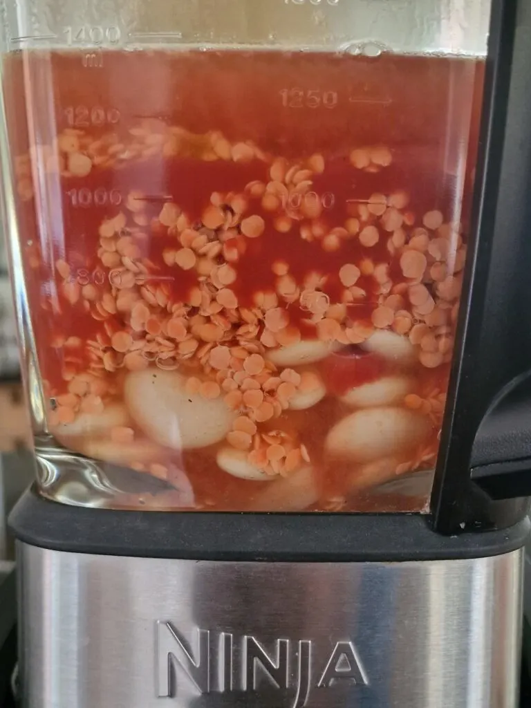 ingredients for butter bean and lentil soup in a Ninja soup maker jug