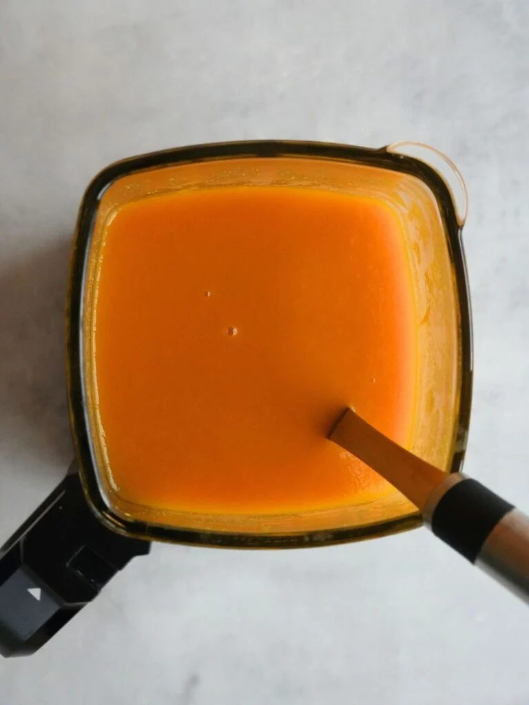 carrot and celery soup in a Ninja soup maker with a serving spoon