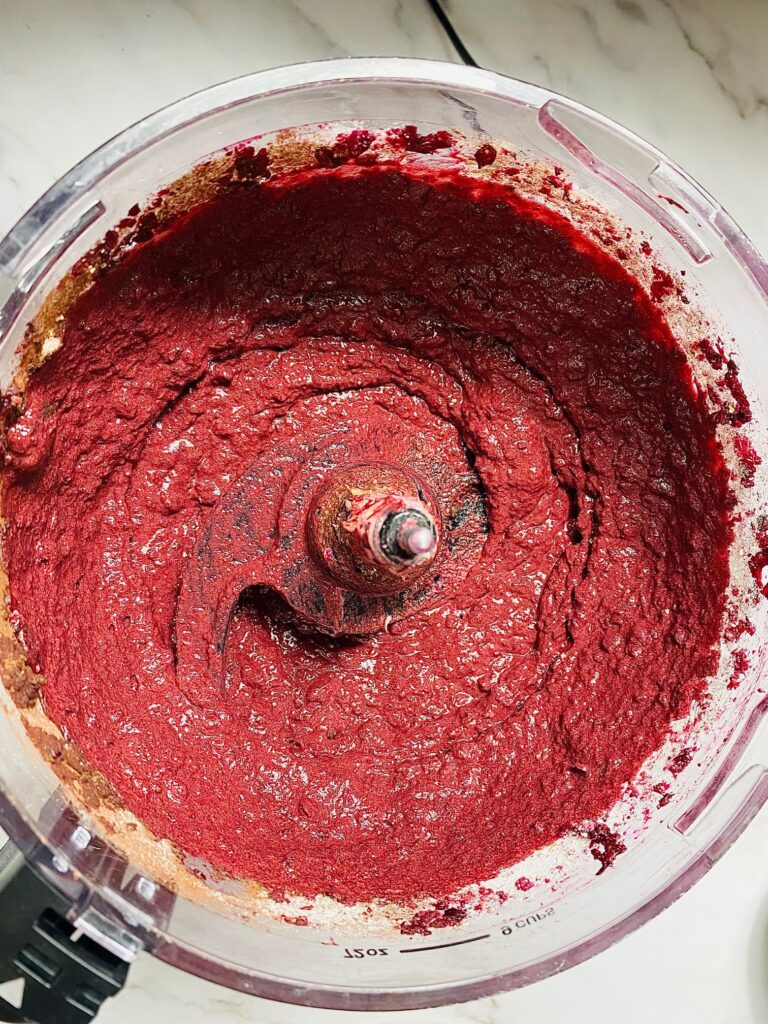 beetroot brownie mixture in food processor