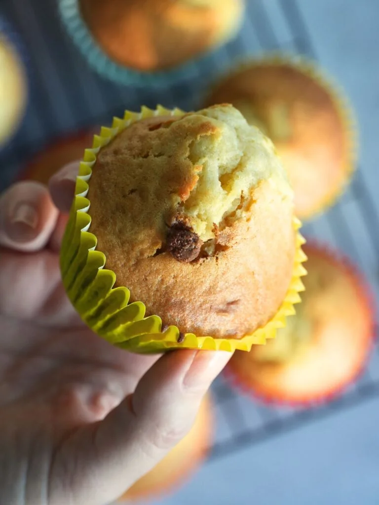 chocolate chip muffin in a yellow case up close