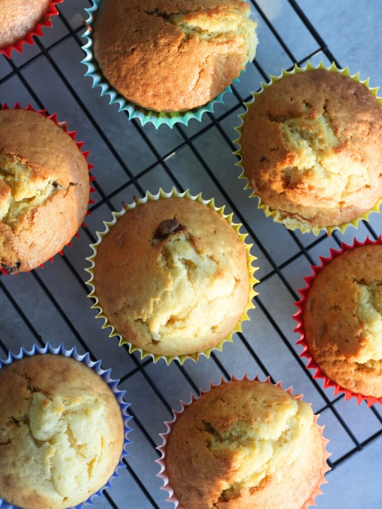 chocolate chip muffins on a wire rack