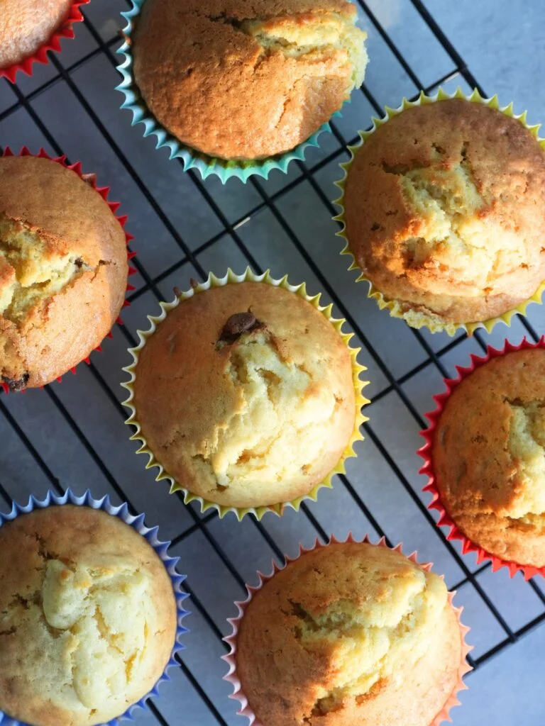 chocolate chip muffins on a wire rack