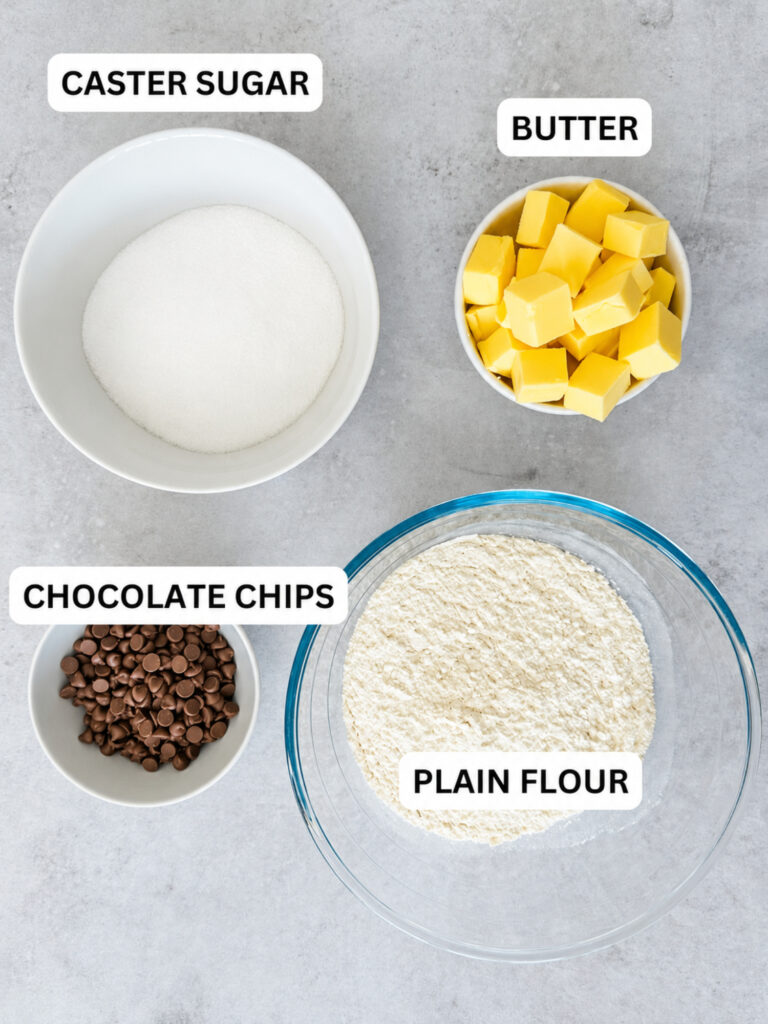 ingredients laid out and labelled for chocolate chip shortbread cookies