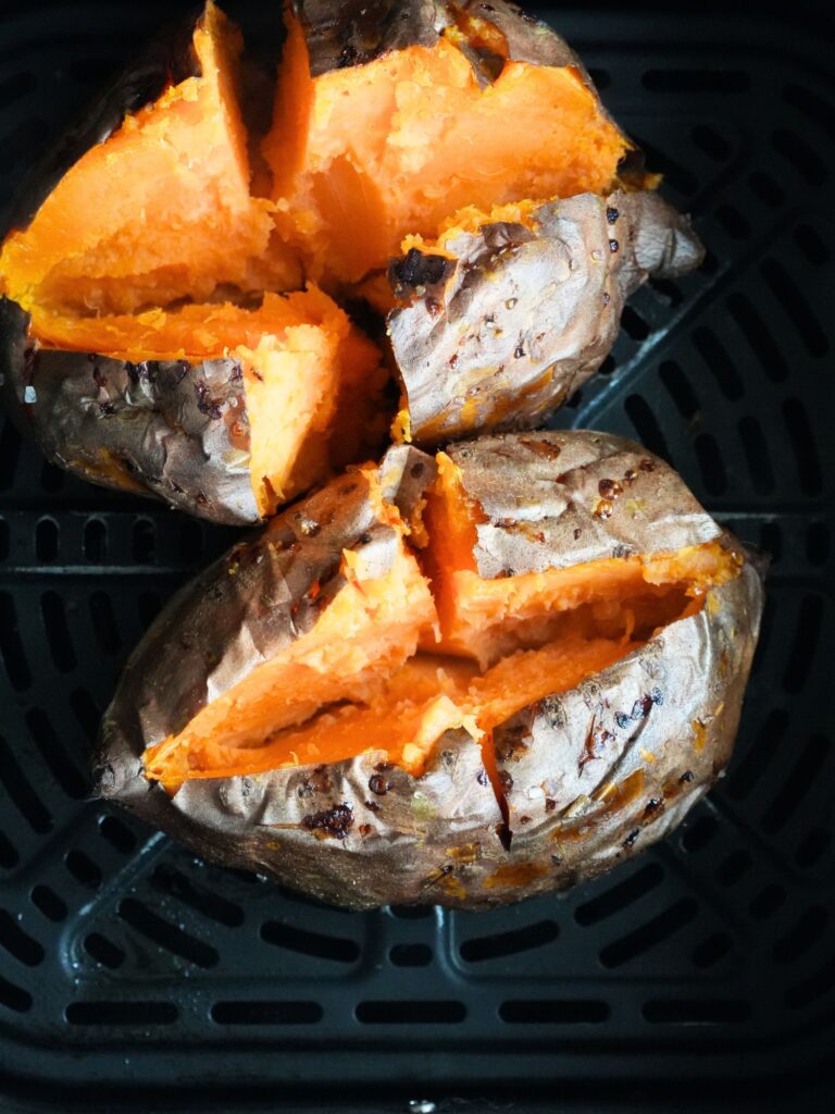 baked sweet potato in air fryer, quartered