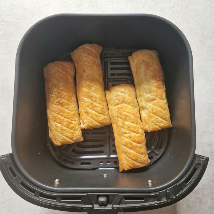 cooked frozen sausage rolls in an air fryer