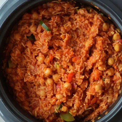cooked vegetable red lentil and chickpea rice in rice cooker
