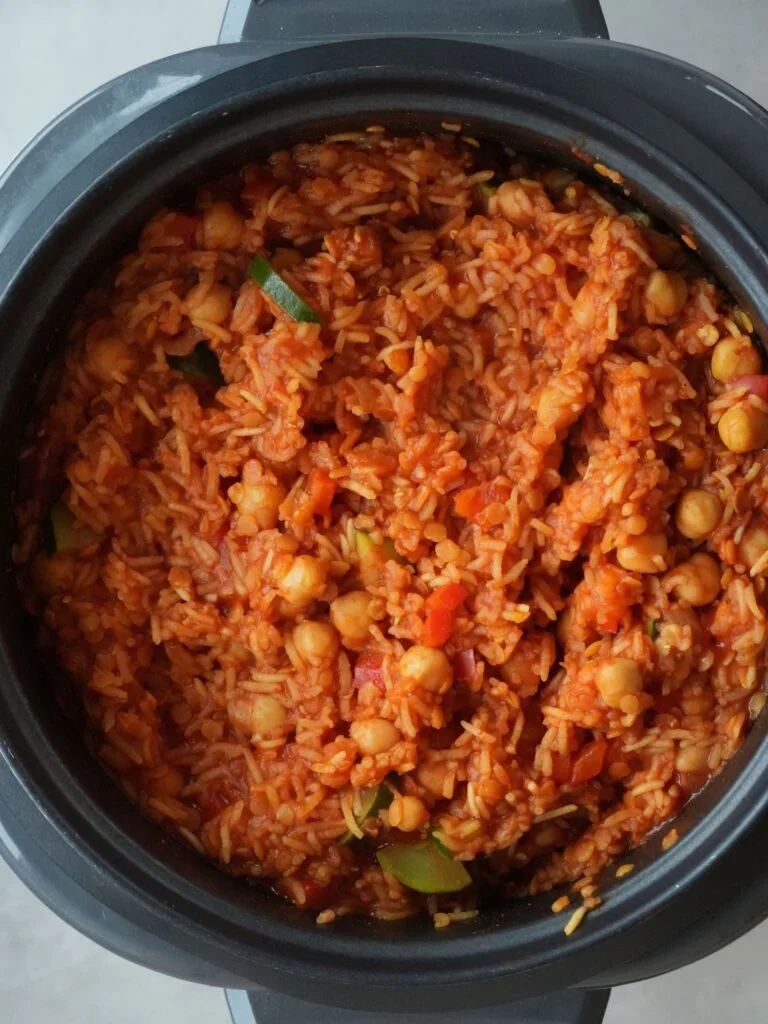 cooked vegetable red lentil and chickpea rice in rice cooker