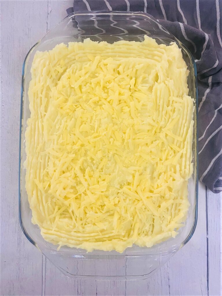 mashed potato added to mince with grated cheese on top to make a cottage pie