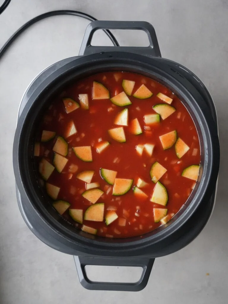 rice cooker with courgettes and stock added