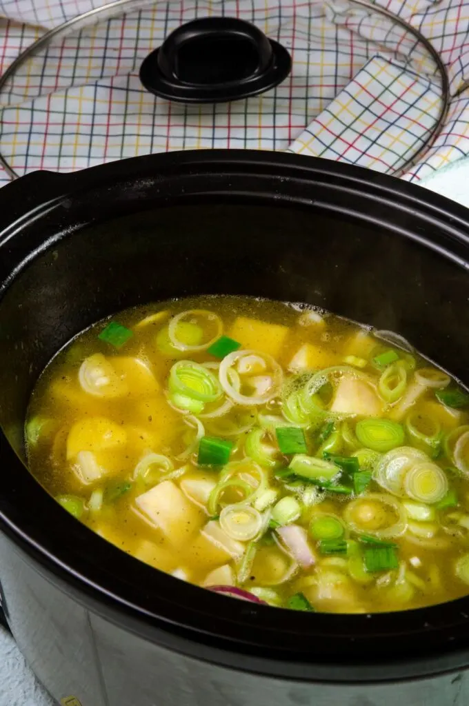 cover chopped leek and potato soup in slow cooker with stock