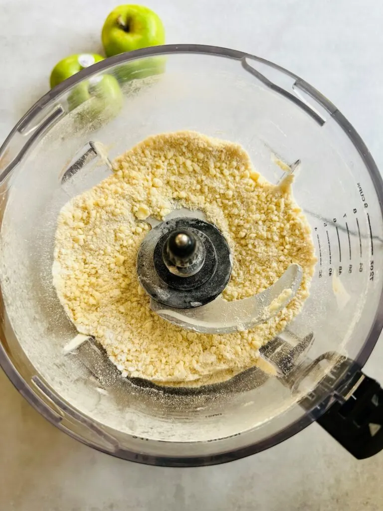 processed crumble mixture in a Ninja food processor