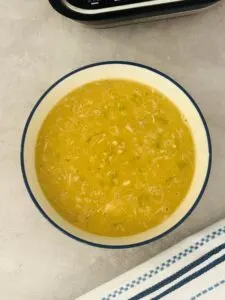 curried lentil and chicken soup in a bowl next to a Ninja soup maker