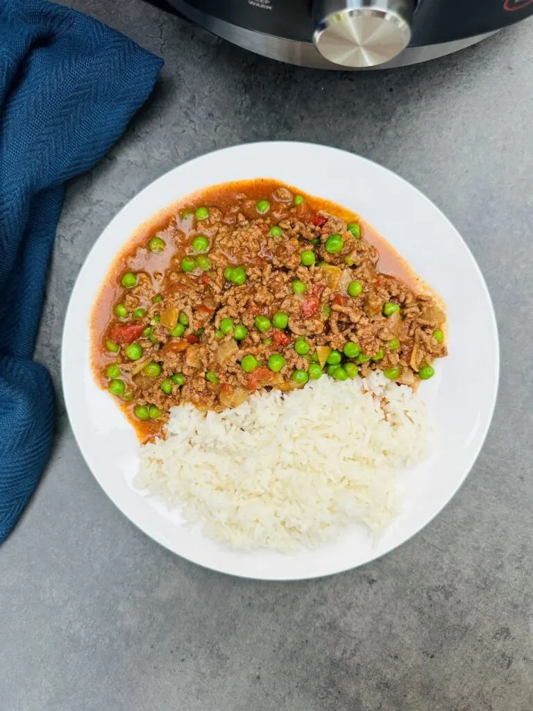 curried  mince and peas on a plate next to a Ninja Foodi 15 in 1