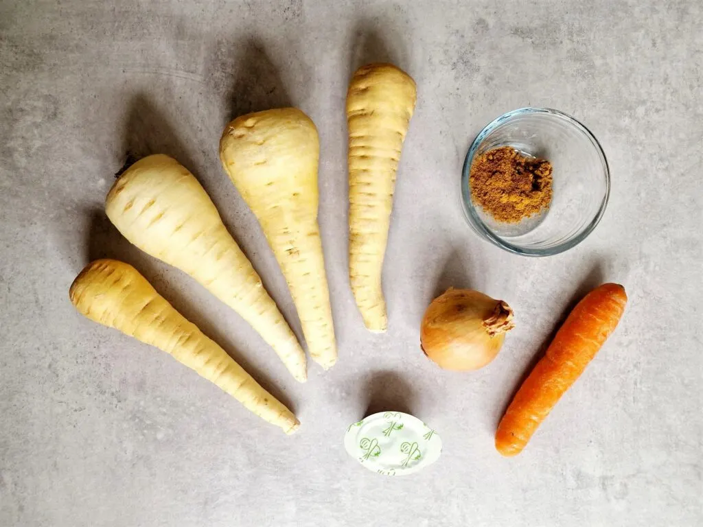 curried parsnip soup ingredients laid out