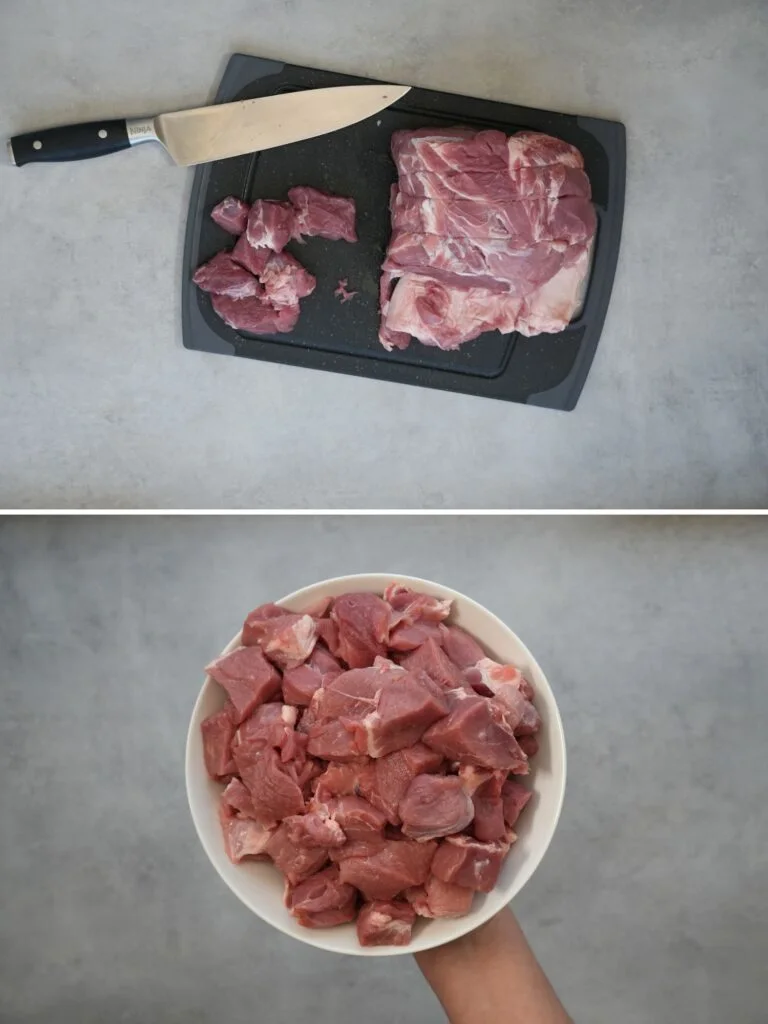 image with two photos, the top one is a of raw pork shoulder joint with a sharp knife next to it and a few cut up bits of pork, the second is the pork shoulder cut up in a white bowl being held 