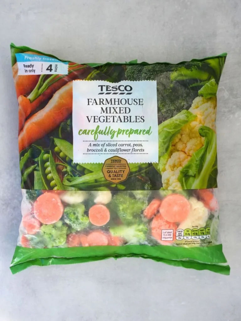 packet of Tesco farmhouse mixed vegetables