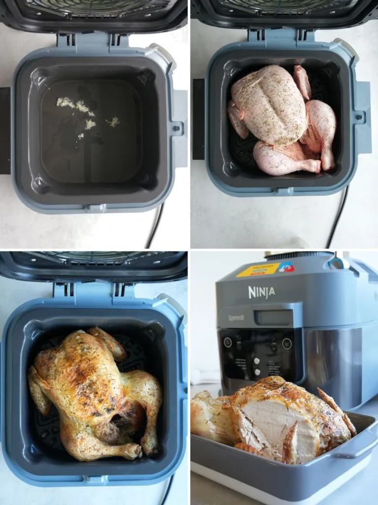 steps shown in a 4 photo grid of making a whole roast chicken in a Ninja Speedi