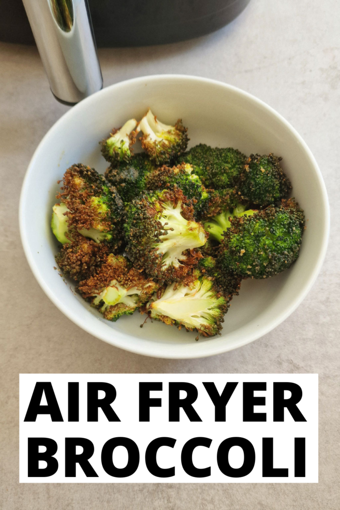 air fried broccoli next to air fryer