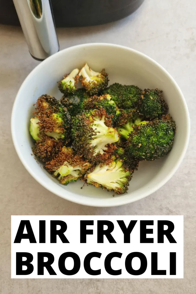 air fried broccoli next to air fryer