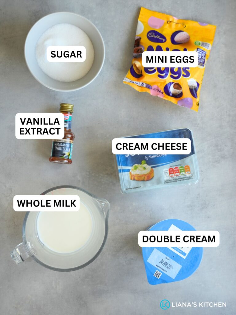 ingredients laid out and labelled for Ninja Creami Mini Eggs Ice Cream: sugar, mini eggs, vanilla extract, cream cheese, whole milk, double cream