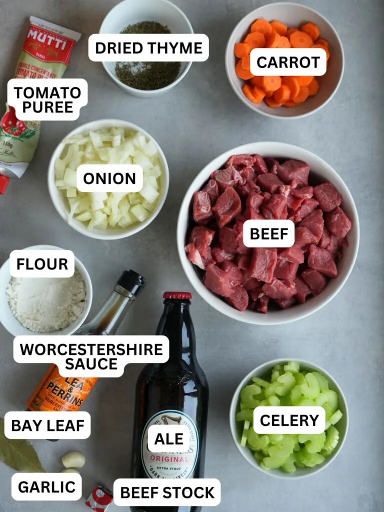 ingredients laid out and labelled for beef and ale stew: tomato puree, dried thyme, carrot, onion, flour, beef, worcestershire sauce, bay leaf, ale, celery, garlic, beef stock
