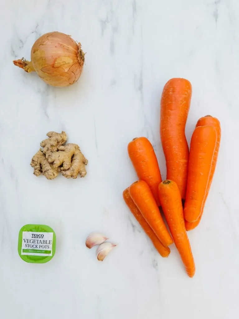 ingredients for carrot and ginger soup