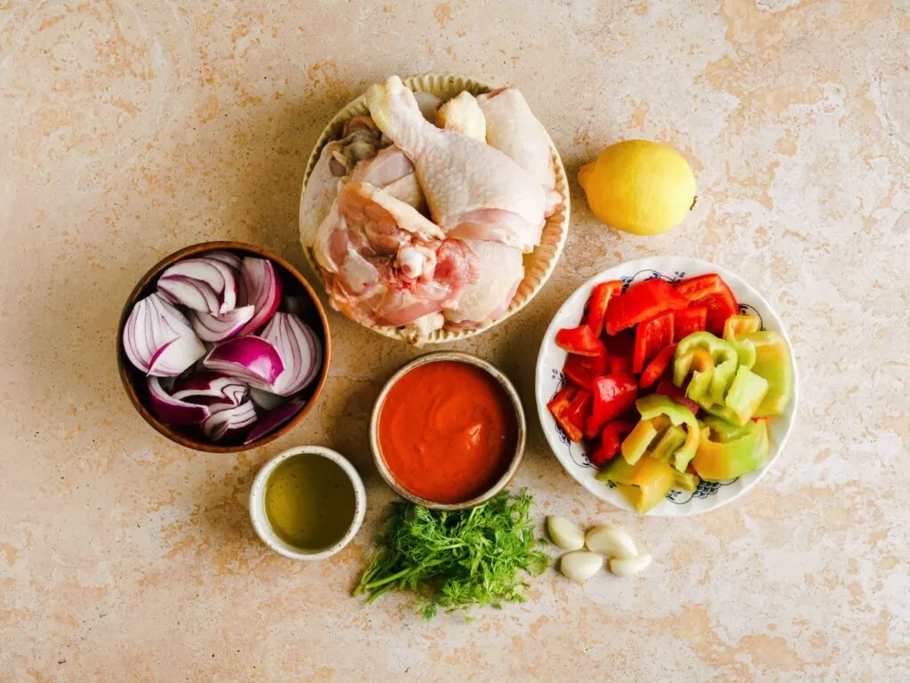 ingredients for Harissa chicken tray bake