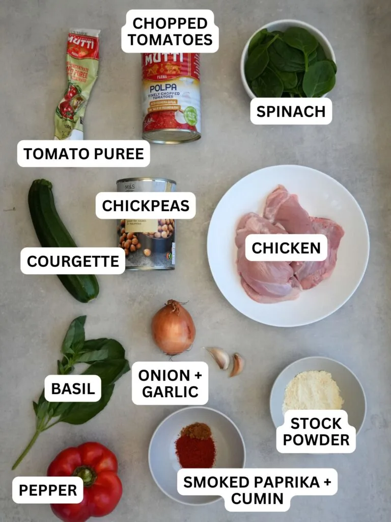 ingredients laid out and labelled for soup maker chicken and chickpea soup: tomato puree, chopped tomatoes, spinach, courgette, chickpeas, chicken, basil, onion and garlic, pepper, smoked paprika and cumin, stock powder