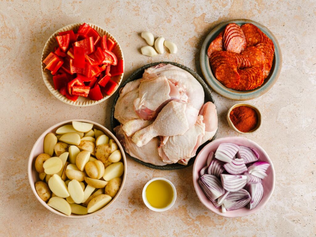ingredients for chicken chorizo tray bake