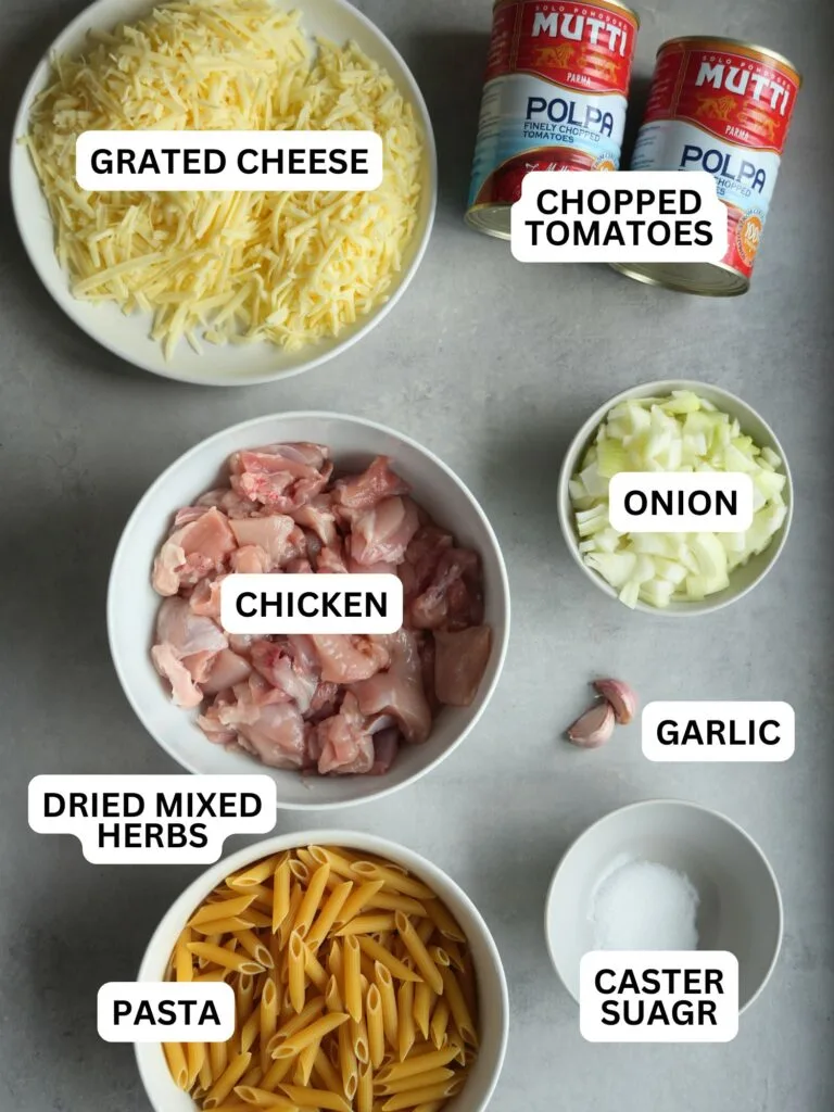 ingredients laid out and labelled for lemon polenta: polenta, eggs, lemons, ground almonds, butter, baking powder, caster sugar