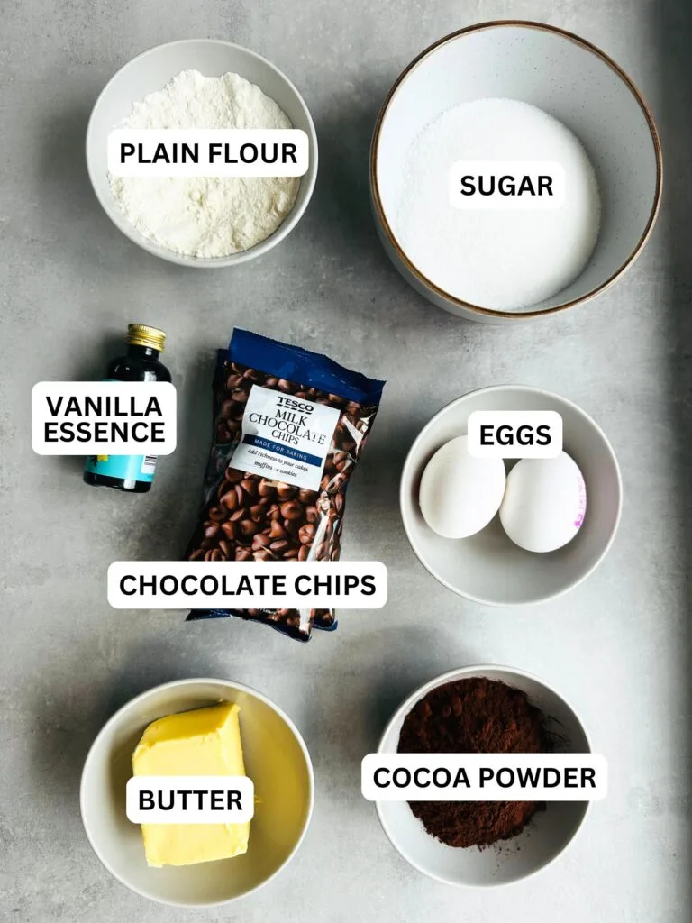 image with ingredients laid out for chocolate brownies and labelled: plain flour, sugar, vanilla essence, chocolate chips, eggs, butter, cocoa powder