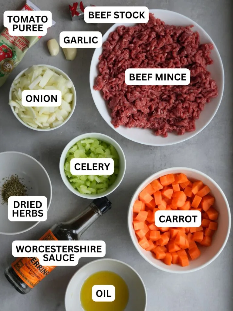 ingredients laid out and labelled for base filling of Cottage Pie: tomato puree, garlic, beef stock, beef mince, onion, celery, dried herbs, carrot, worcestershire sauce, oil