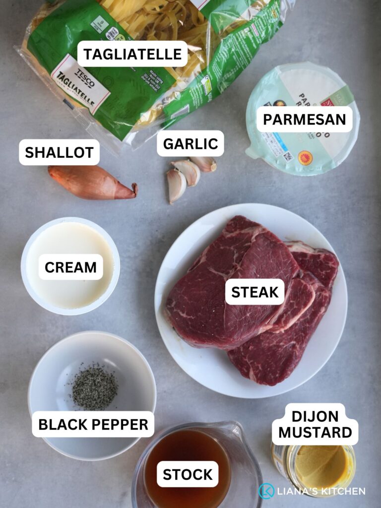 ingredients laid out and labelled for creamy steak pasta: tagliatelle, shallot, garlic, parmesan, cream, steak, ground black pepper, stock, dijon mustard