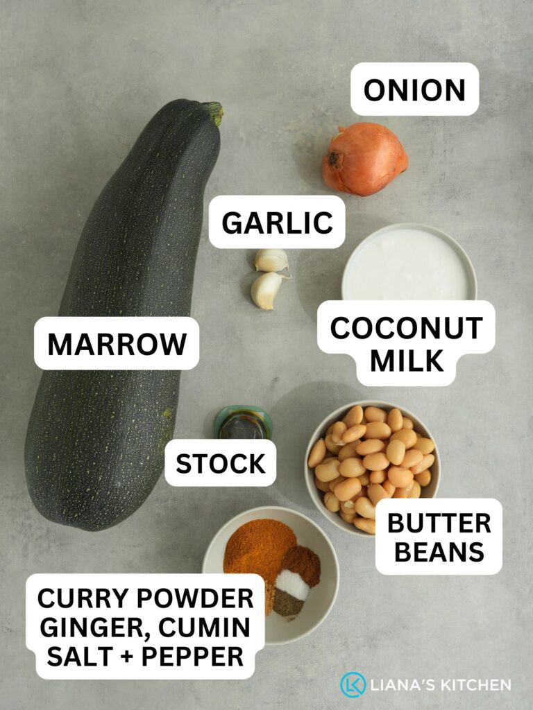 ingredients laid out and listed for curried marrow soup: marrow, onion, garlic, stock, coconut milk, butter beans, curry powder, ginger, cumin and salt and pepper
