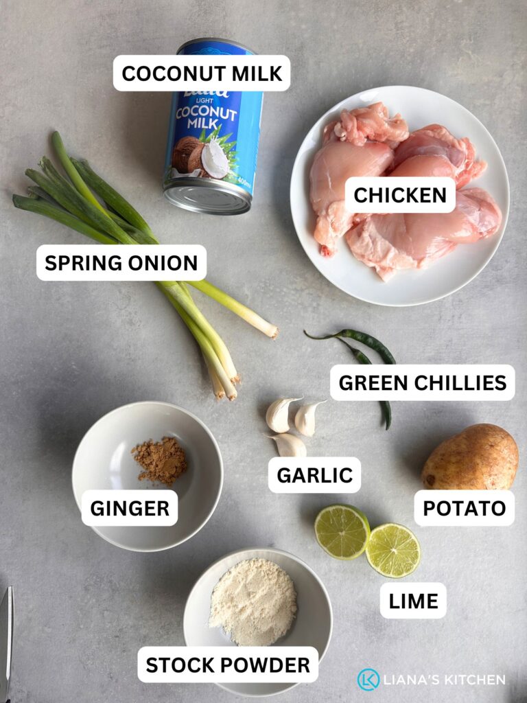 ingredients laid out labelled for chicken coconut milk green chillies and spring onion