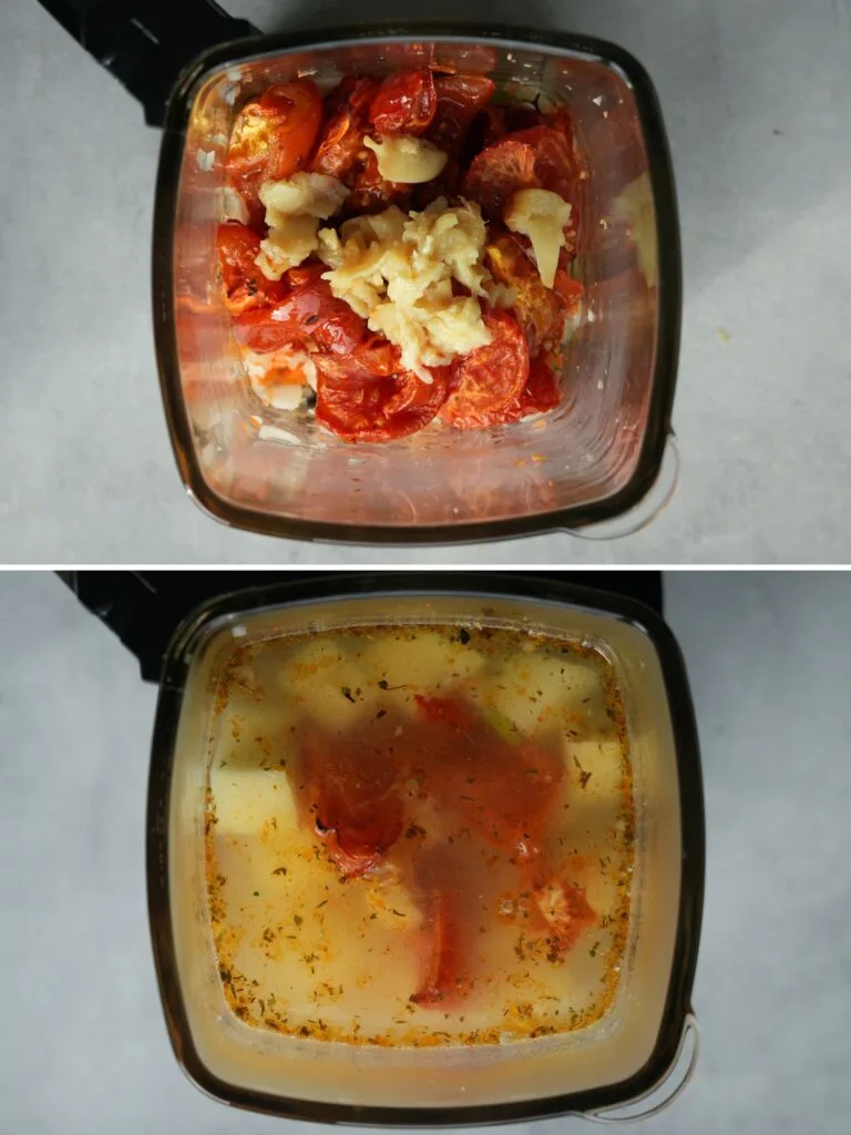 ingredients for roasted garlic and tomato soup with stock in a Ninja Soup Maker