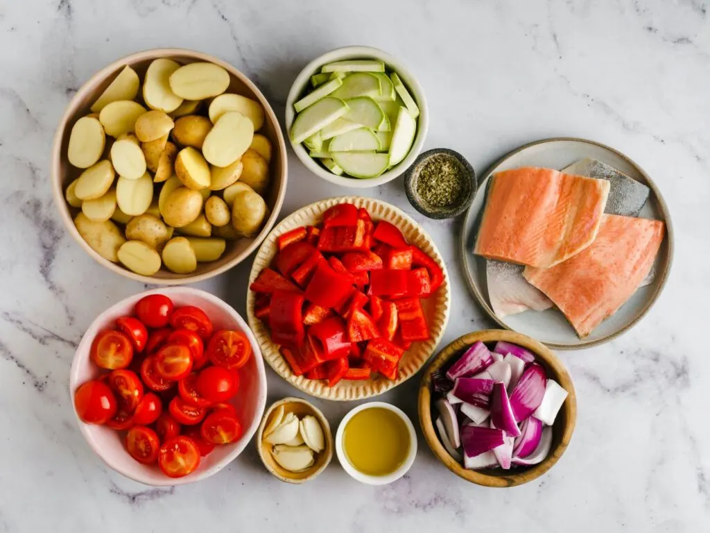 ingredients for salmon tray bake