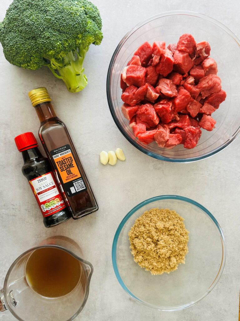 ingredients laid out for beef and broccoli slow cooker recipe