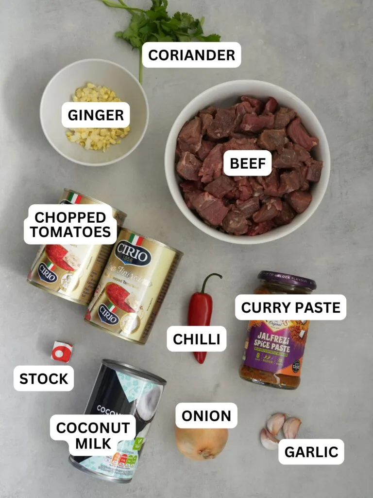 ingredients laid out and labelled for slow cooker curry:coriander, ginger, beef, chopped tomatoes, chilli, curry paste, stock, coconut milk, onion and garlic
