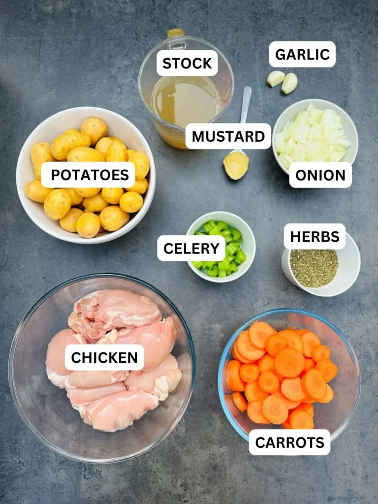 ingredients laid out and labelled for chiicken casserole: potatoes, stock, mustard, garlic, onion, celery, herbs, chicken, carrots