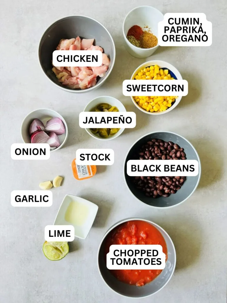 ingredients laid out and labelled for for chicken tortilla soup (raw chicken, sweetcorn, blackbeans, red onion, jalapeno, two cloves garlic, lime juice, tinned tomatoes, spices)