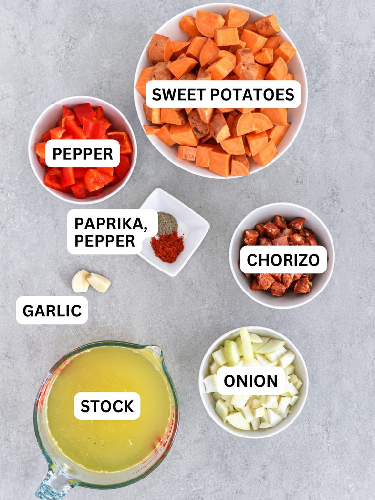 ingredients laid out and labelled for sweet potato and chiorizo soup in a soup maker