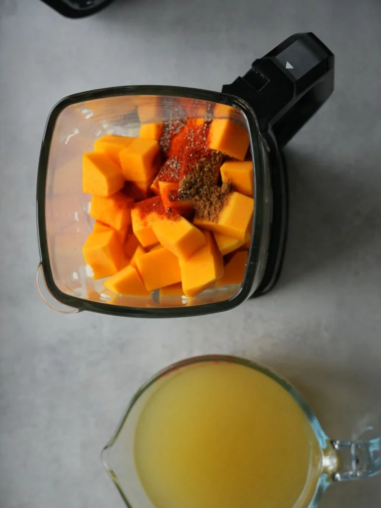 ingredients in Ninja soup maker for butternut and sweet potato soup