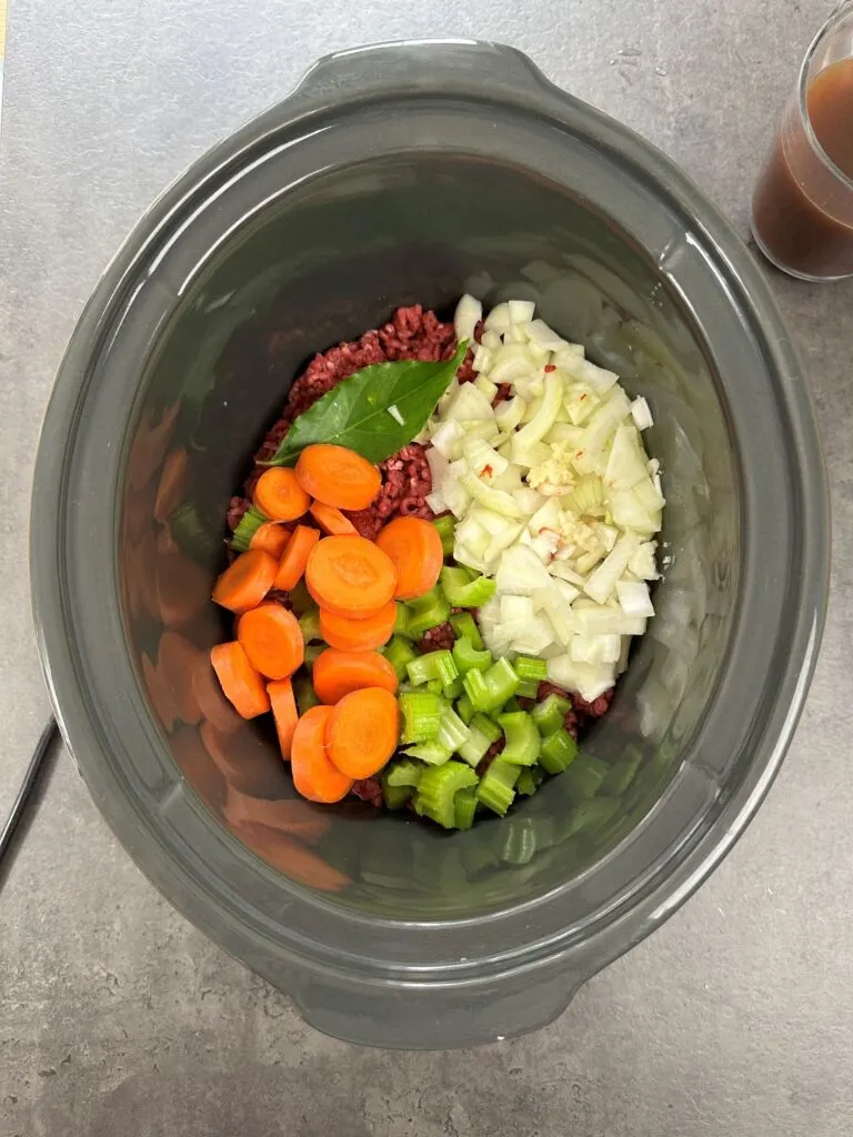 ingredients in slow cooker for mince and dumplings