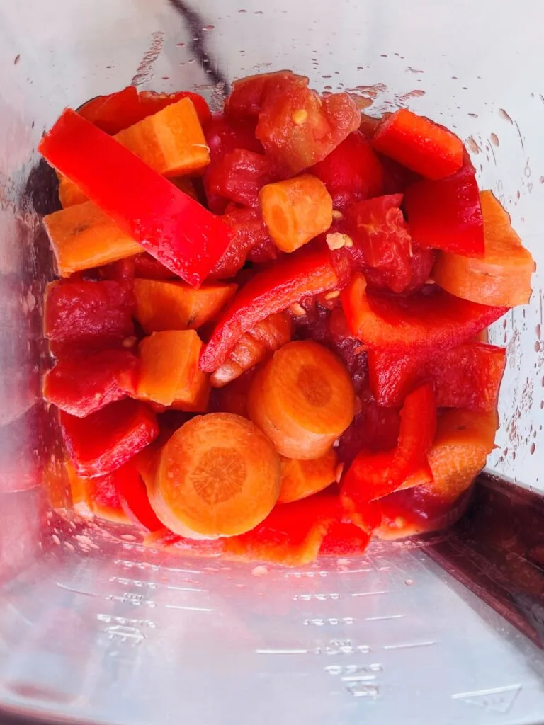 ingredients in soup maker for red lentil and Harissa soup