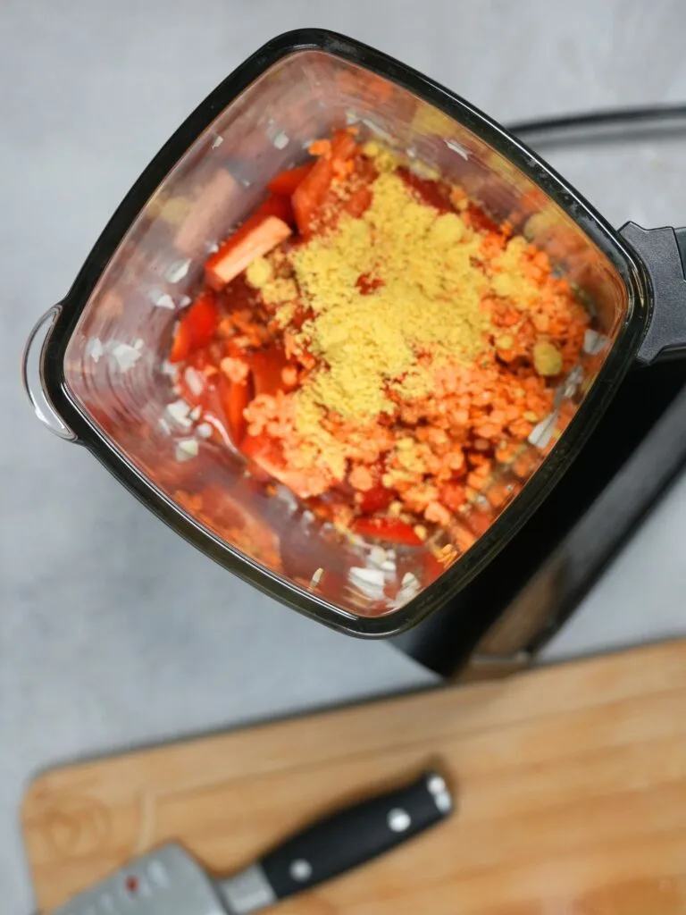 ingredients for tomato lentil chickpea peppers in ninja soup maker jug