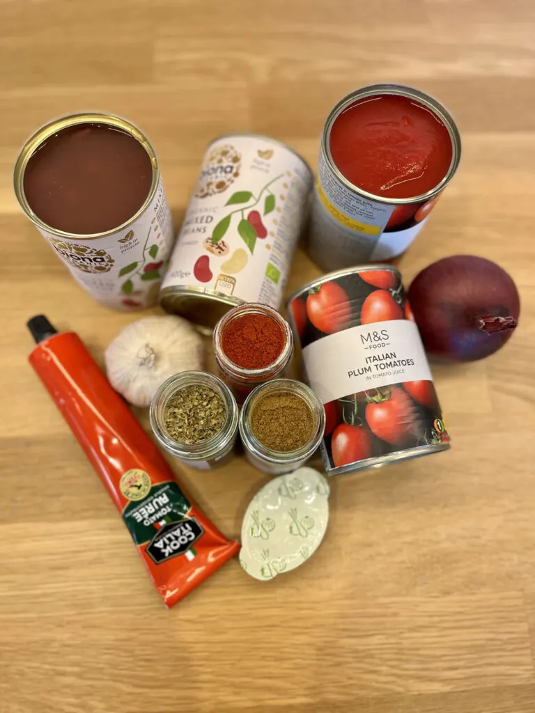 ingredients for mixed bean chilli